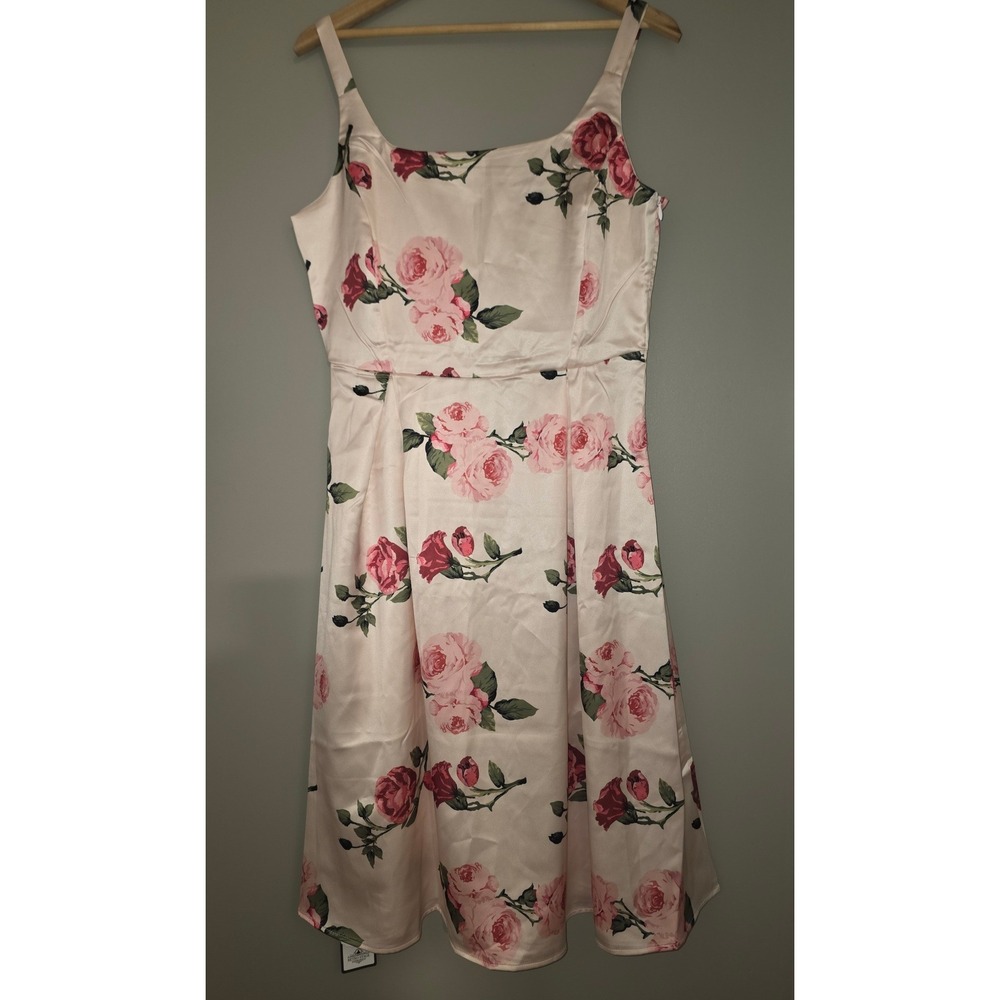 Retro Stage Pink Rose Floral Satin Fit Flare Midi Dress Womens Large NWT